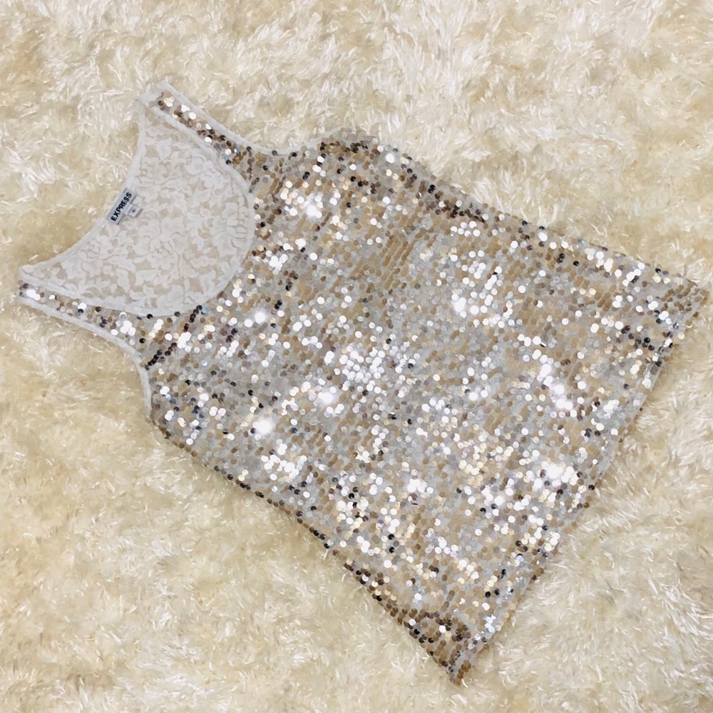 Express Sequin Tank Top in White and Gold
